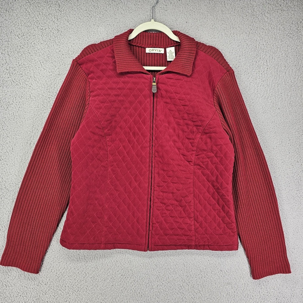 Orvis Jacket Womens‎ XL Red Quilted Knit Wool Blend Full Zip Collared Sweater